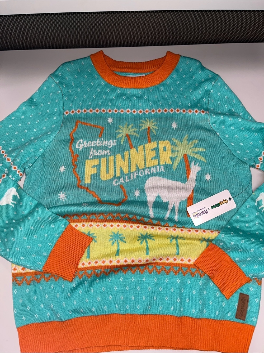 Tipsy Elves Teal and Orange "Funner California" Crewneck Sweater size L